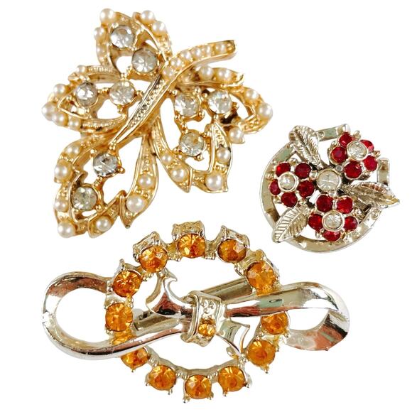 VTG Mid Century Brooch Lot Leaf Floral Buckle Rhinestone Gold Tone 1950s 1960s - Picture 1 of 13